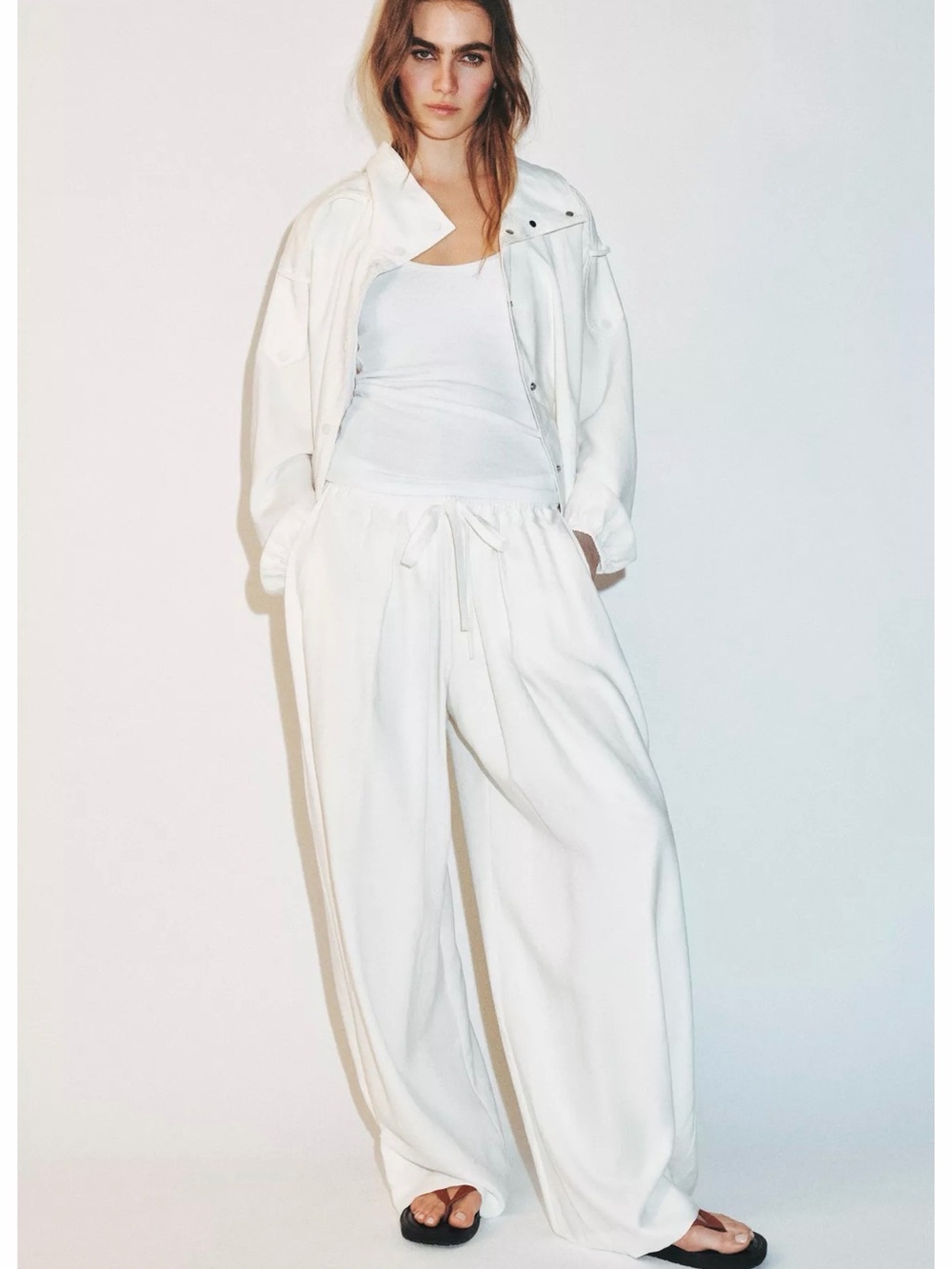 Zara White Wide-Leg Drawstring Trousers